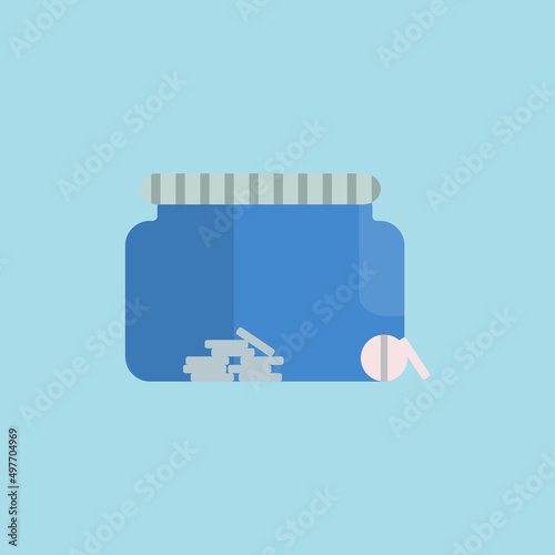 Medical blue pill container. Medicine packaging with white capsules. Flat vector illustration.