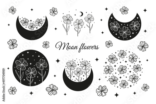 Boho moon flowers hand drawn set.