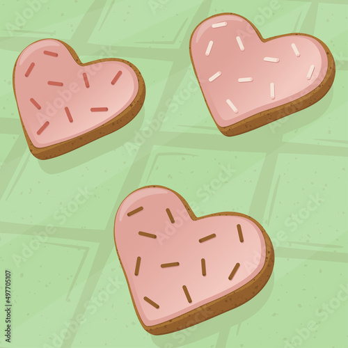 Three soapy heart shaped cookies with pink icing and decorative sprinkles, vector illustration