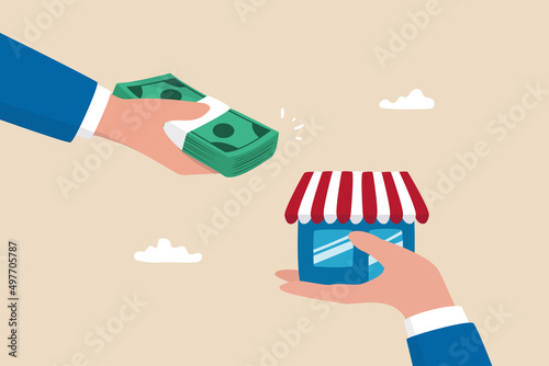 Company buyout, acquisition agreement or takeover, selling company offer or merger, franchise business concept, businessman offer money to buy other hand offer company or shop building. photo