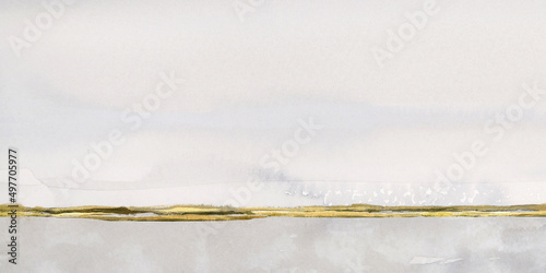 Watercolor Abstract Long Landscape Background Panorama Sky, Gray and Gold Line with Copy Space, Text Space, Hand Drawn and Painted
