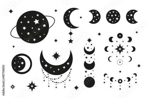 Boho moon phases, crescents, planet and stars.