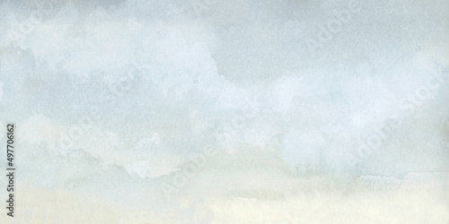 Watercolor Blue Sky Abstract Long Panorama Empty Peaceful Background with Copy Space, Text Space, Hand Drawn and Painted