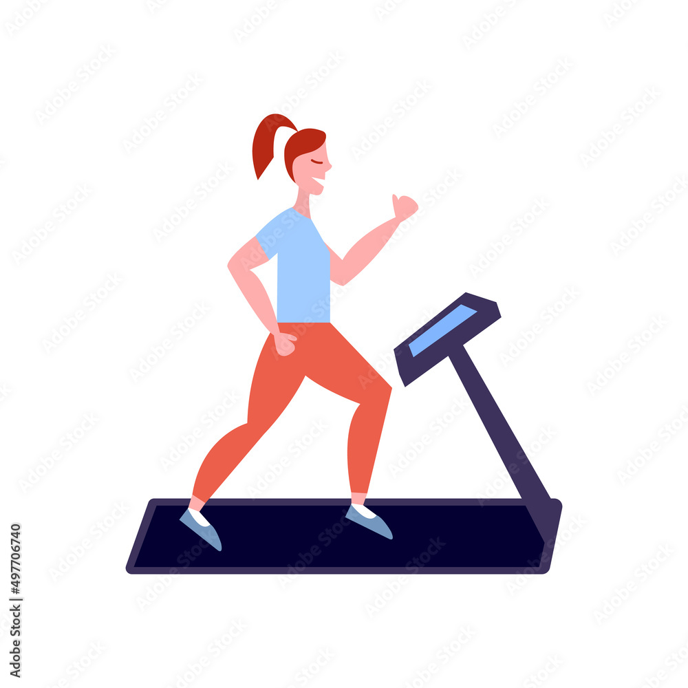 Happy Woman running on treadmill. Vector sport woman on treadmille illustration Happy Woman running on treadmill. Vector sport woman on treadmille illustration