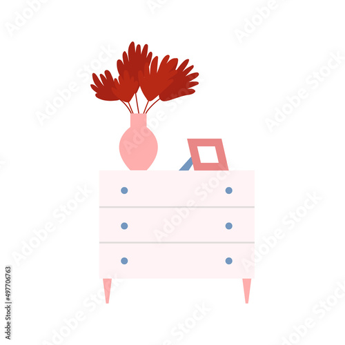 Vector chest of drawers illustration. Flat style commode with drawers and vase