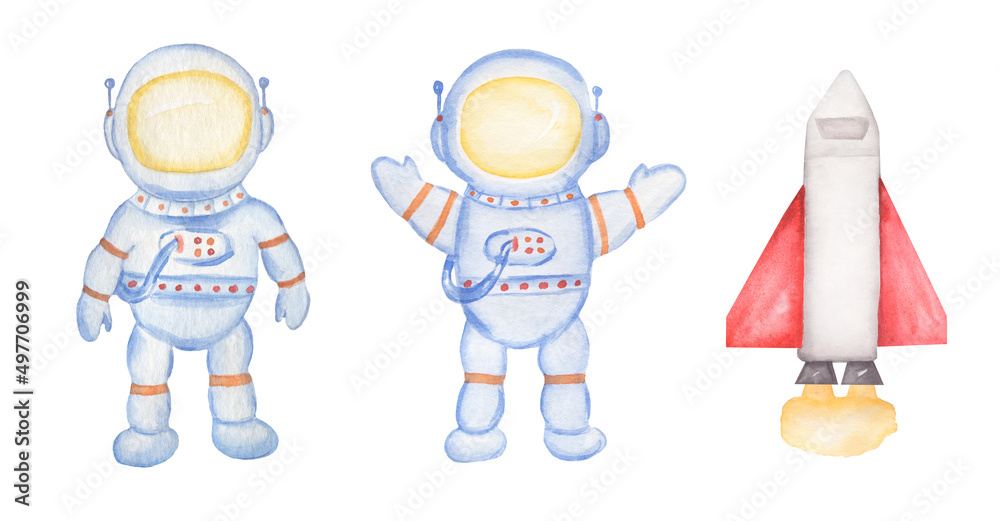 Obraz premium Watercolor spaceman and spaceship illustration set, astronaut clip art, Cute cosmos transport clip art, kids illustration. Space clipart