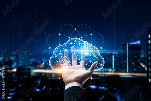 Cloud computing and online storage technologies, cloud computing and communications, connection to Internet server services for data transfer and data management on the city background.
