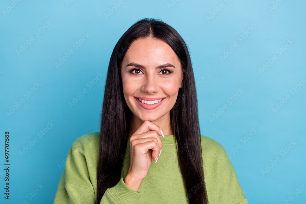 Portrait of good mood positive business lady thinking about new project start-up isolated on blue color background Portrait of good mood positive business lady thinking about new project start-up isolated on blue color background