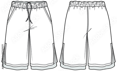 men's basket ball shorts front and back view technical sketch. unisex sportswear shorts vector illustration CAD mockup.