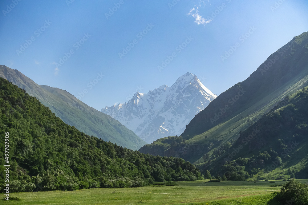 View of the Chegem gorge near the waterfall Abai-Su. Kabardino-Balkaria June 2021. View of the Chegem gorge near the waterfall Abai-Su. Kabardino-Balkaria June 2021.