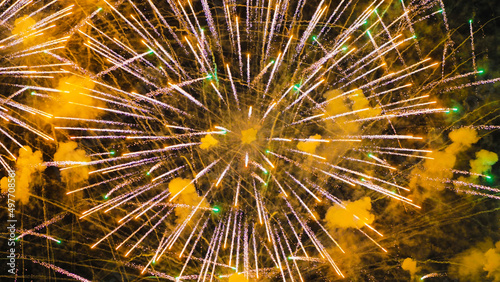 A colourful explosion of yellow fireworks in the night sky.