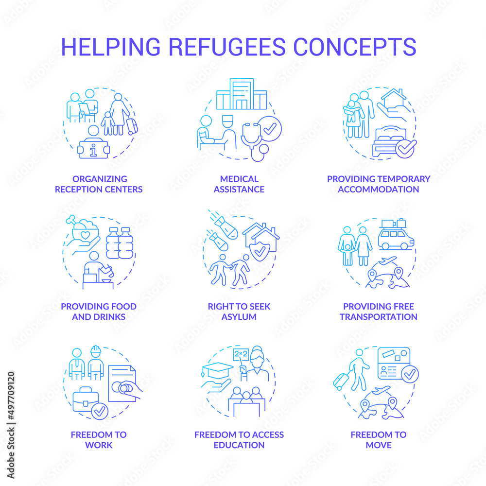 Helping refugees blue gradient concept icons set. International asylum seekers assistance idea thin line color illustrations. Isolated symbols. Roboto-Medium, Myriad Pro-Bold fonts used