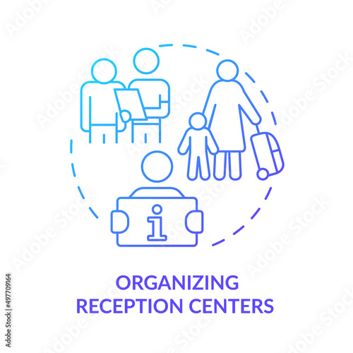 Organizing reception centers blue gradient concept icon. Support immigrants. Government initiative abstract idea thin line illustration. Isolated outline drawing. Myriad Pro-Bold font used