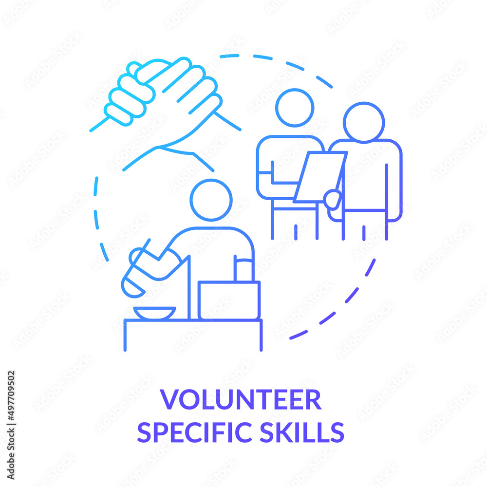 Volunteer specific skills blue gradient concept icon. Assist and provide service. Helping refugees abstract idea thin line illustration. Isolated outline drawing. Myriad Pro-Bold font used