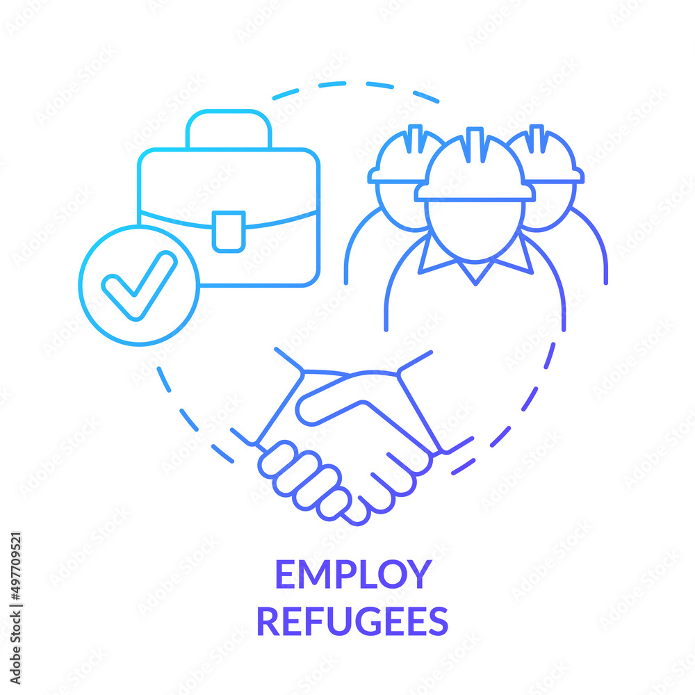 Employ refugees blue gradient concept icon. Provide workplace. Labour market. Helping refugees abstract idea thin line illustration. Isolated outline drawing. Myriad Pro-Bold font used Employ refugees blue gradient concept icon. Provide workplace. Labour market. Helping refugees abstract idea thin line illustration. Isolated outline drawing. Myriad Pro-Bold font used