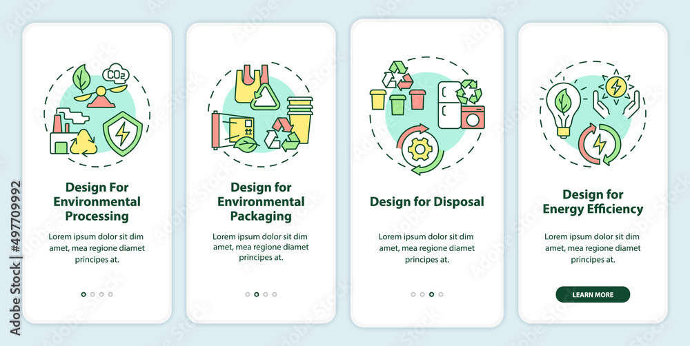 Design for environment onboarding mobile app screen. Eco industry walkthrough 4 steps graphic instructions pages with linear concepts. UI, UX, GUI template. Myriad Pro-Bold, Regular fonts used