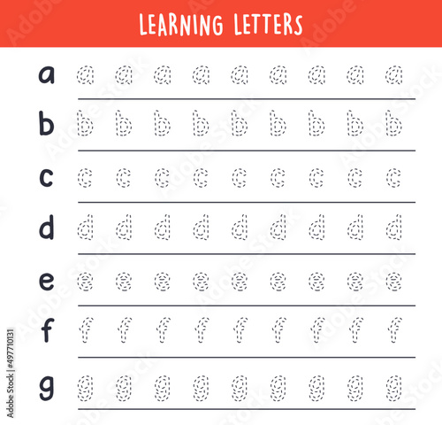 Learning letters writing alphabet and simple handwriting practice flat vector illustration.