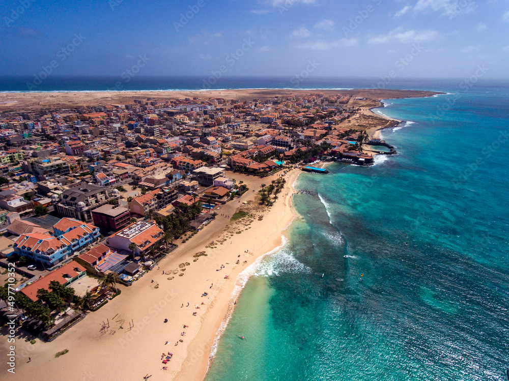 Fototapeta premium Santa Maria Beach Bay Aerial Drone landscapes footage in Sal Island Cabo Verde