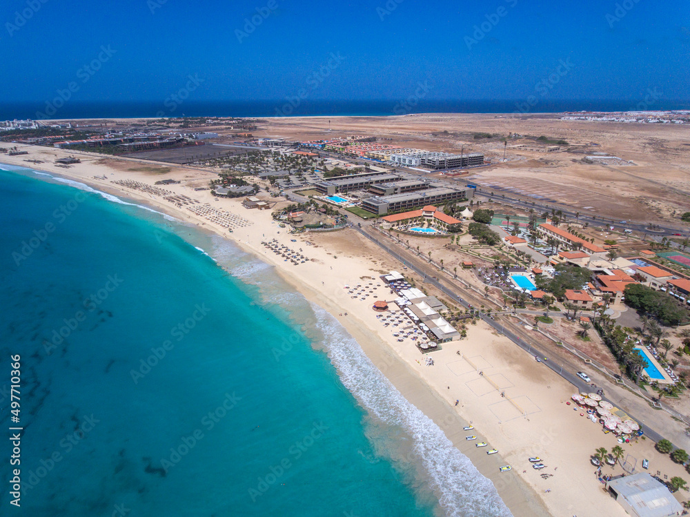 Fototapeta premium Santa Maria Beach Bay Aerial Drone landscapes footage in Sal Island Cabo Verde