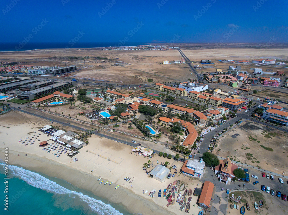 Obraz premium Santa Maria Beach Bay Aerial Drone landscapes footage in Sal Island Cabo Verde