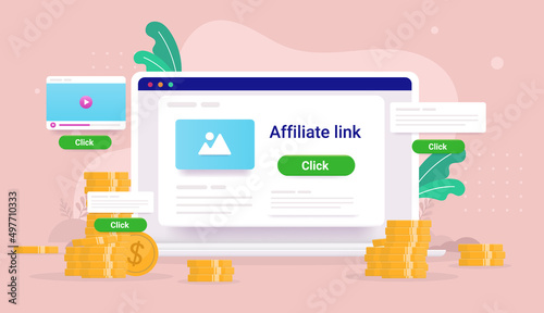Affiliate marketing money - Computer screen with affiliate link and cash income. Vector illustration photo