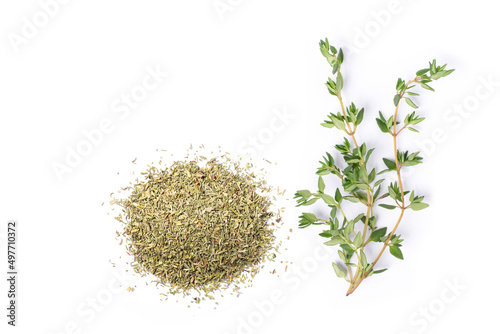 Fresh and dry Thyme leaf isolated on white background. Top view. Flat lay.