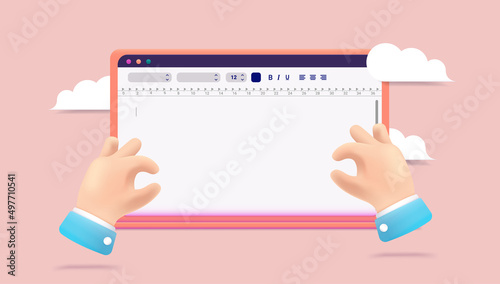 Text edit software - Hands typing on laptop computer writing with empty document on screen. Vector illustration