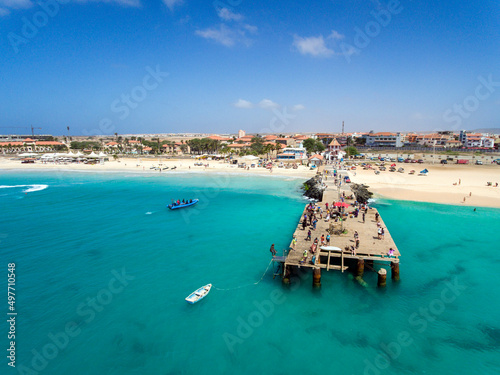 Santa Maria Beach Bay Aerial Drone landscapes footage in Sal Island Cabo Verde