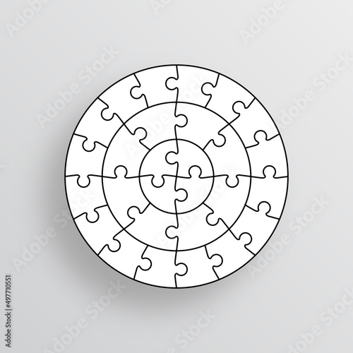 Puzzle pieces. Jigsaw outline grid in circle shape. Thinking game. Simple mosaic layout with separate details. Modern puzzle background. Laser cut frame. Vector illustration.