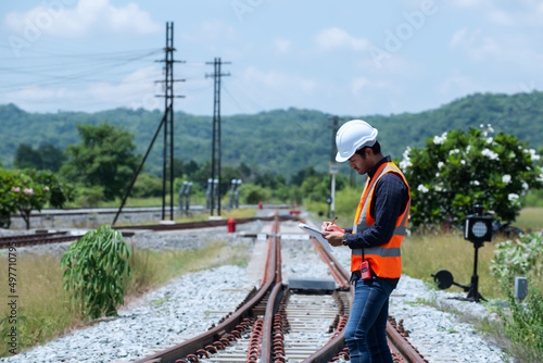 engineer sitting on railway inspection. construction worker on railways. Engineer work on railway.rail,engineer,Infrastructure