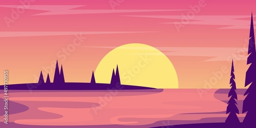 Summer Sunset Landscape by the Lake