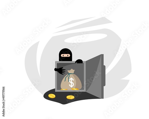 Criminal Wants to Steal Money From an Open Safe. Robbery and criminal activity concept vector.