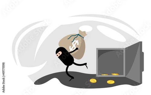 Criminal Stealing Money From an Open Safe. Robbery and criminal activities concept vector.