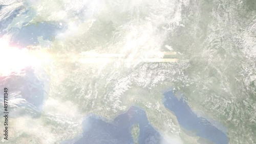 Earth zoom in from outer space to city. Zooming on Lucerne, Switzerland. The animation continues by zoom out through clouds and atmosphere into space. Images from NASA