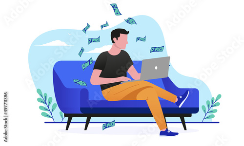 Casual man making money online - Person sitting in couch with laptop while money raining down. Flat design vector illustration with white background