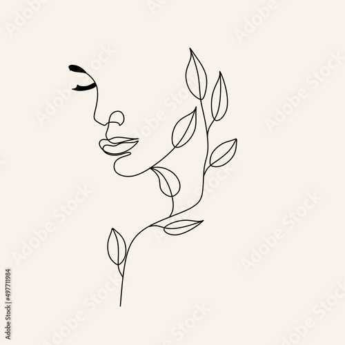 Female faces in the style of one line of art with flowers and leaves. Continuous linear art in an elegant style for prints, tattoos, posters, textiles, postcards, 