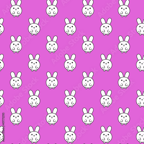 Cute plump spherical rabbit vector seamless pattern, pink background with cute bunnies