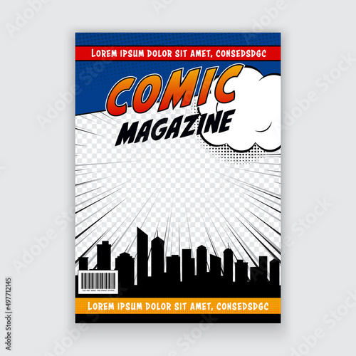 Vector comic book cover page. City superhero empty comics magazine covers template.