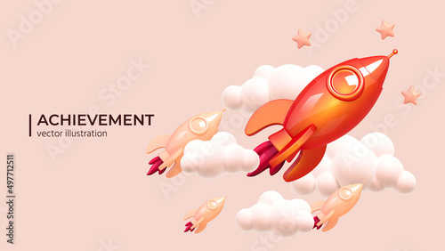 3d Red Space Rocket or Spaceship overtakes and has an advantage over other rockets. Rocket 3d icon. Realistic creative conceptual symbols. Logo ship. Achievement concept. photo