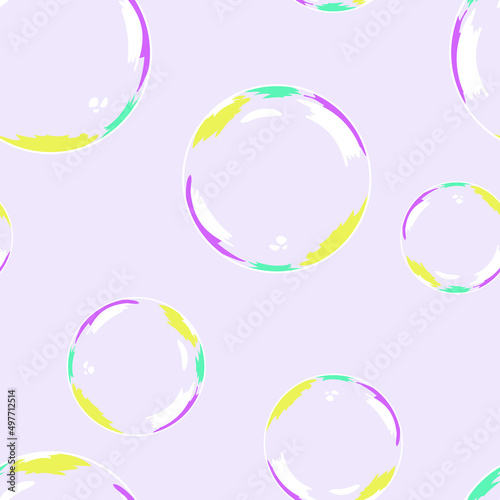 Seamless vector pattern with soap bubbles on pink background. Simple fun foam circle wallpaper design. Decorative baby girl fashion textile.