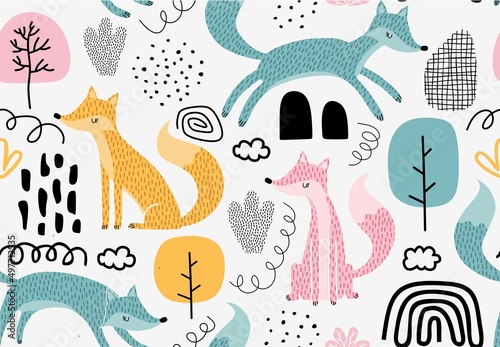 Set of cute cartoon foxes in modern simple flat style.