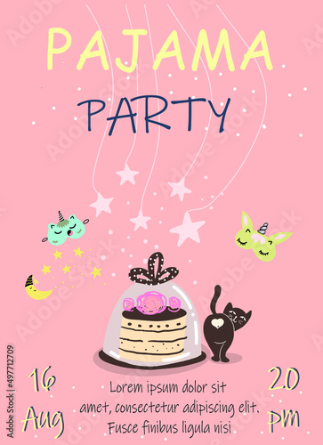 Pajama party invitation, template, with big cake and little cat, sleep masks, stars.