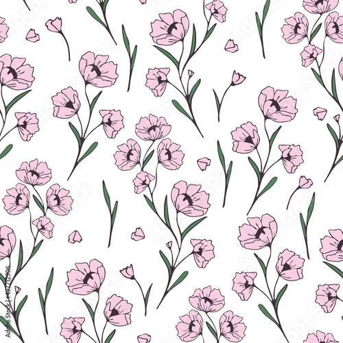 Seamless vector pattern with romantic flower meadow on white background. Simple wedding floral wallpaper design. Decorative flower bloom fashion textile.