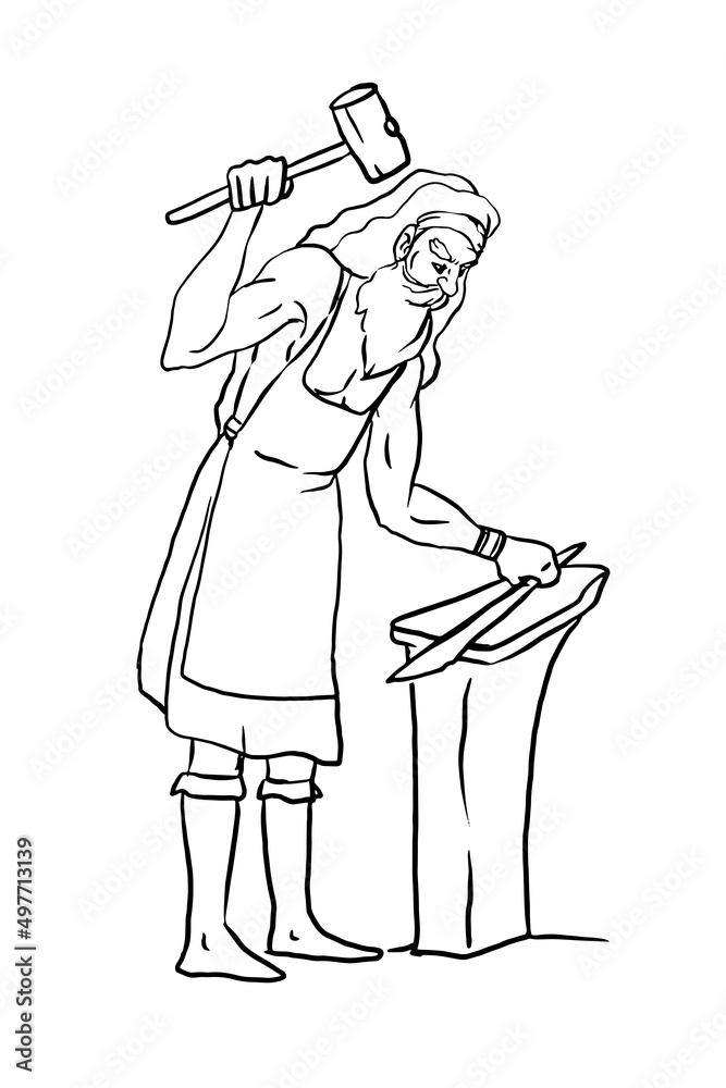 Greek mythology Gods, Hephaestus ,illustration ,white background,line drawing. Greek mythology Gods, Hephaestus ,illustration ,white background,line drawing.
