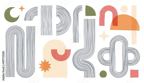 Contemporary shapes, minimalist boho aesthetic elements, abstract geometric forms. Trendy bohemian basic figures and line elements for poster or print design vector set