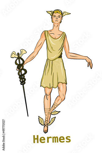 Greek mythology Gods, Hermes,illustration ,white background,line drawing.