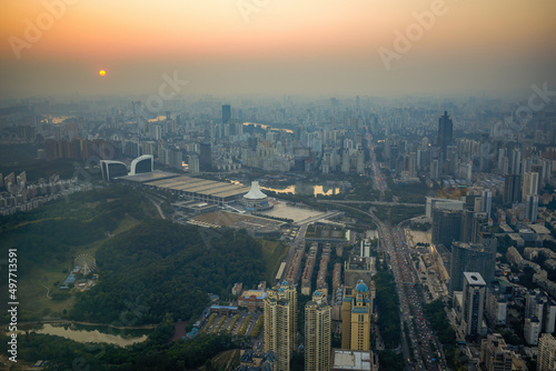 Cityscape of evening sunset in Nanning  Guangxi  China  viewed from above