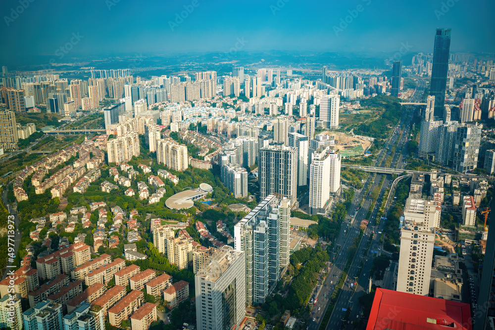 Obraz premium View of urban high-rise buildings in Nanning, Guangxi, China from above