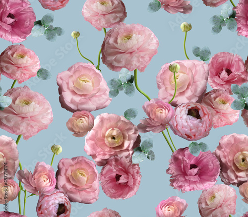 Fashion digital pattern photo print pink ranunculus flowers - abstract bright floral ornament on light blue background.