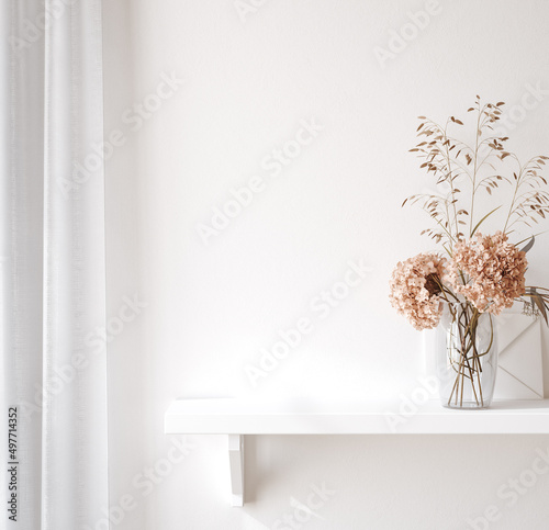 Interior wall mockup close up in neutral minimalist scandi style with decor on shelf, 3d render